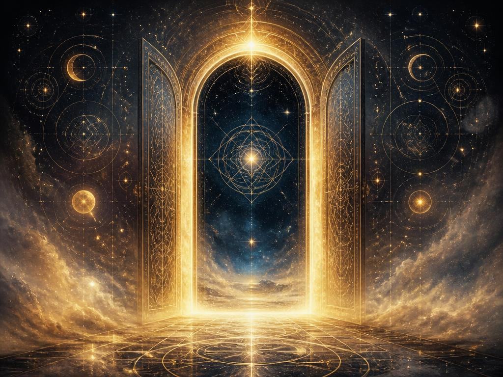 A luminous golden doorway of light opening into a starlit cosmos